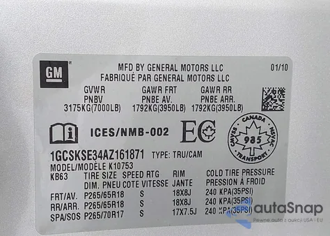 2010 Chevrolet Silverado 1500 Lt из США, поврежденный, VIN 1GCSKSE34AZ161871